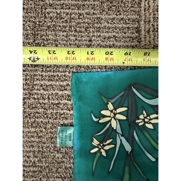 Green Floral Silk Square Scarf Womens Embroidered Nature Satin 100% Silk Spring - Picture 2 of 4